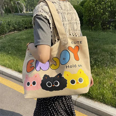 Cyflymder  Letter Printed Tote Bag, Cute Cartoon Canvas Handbag Shoulder Bag, Large Capacity Shopping Bag, Campus Computer School Book Bag