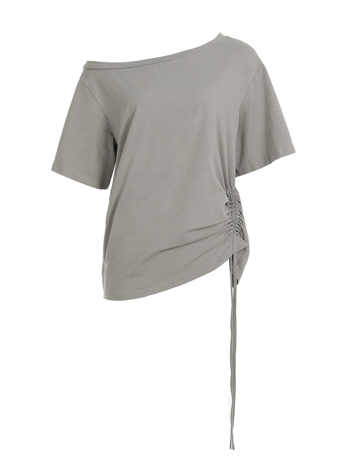 Cyflymder  Solid Grey Loose Drawstring T-shirt Asymmetrical Off-shoulder Short Sleeve T Shirts Women Casual Summer Tees y2k Vintage