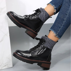 Cyflymder Autumn New Patent Leather Thick Heel Ankle Boots Womens Thickening Warm Western Boots Fashion Boots Woman Lace Up Botas