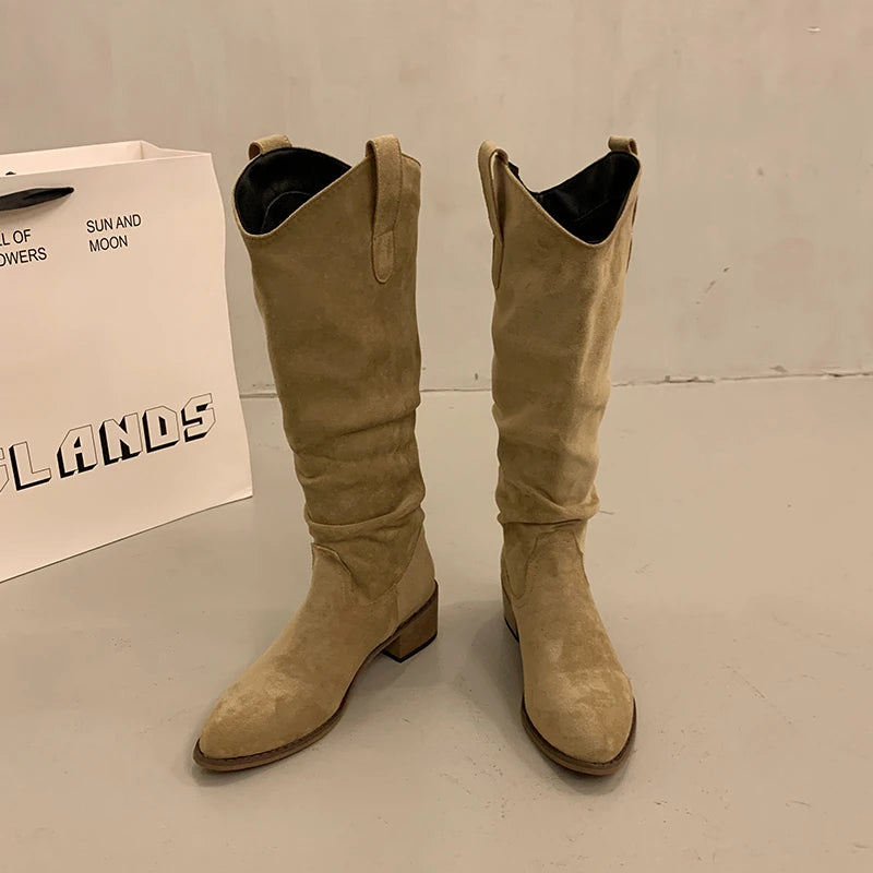 Cyflymder  Autumn Winter Vintage Woman Knight Knee High Boots Shoes Ladies Concise Slip On Western Cowboy Botas