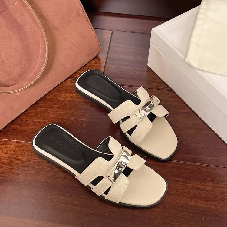 Cyflymder  Women's Flat Shoes Barefoot Outside Woman Pu Cross Belt Slippers Women Metal Decoration Sandals Summer Ladies Fashion Shoe