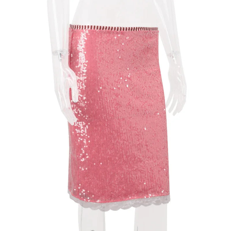 Cyflymder  Pink Glitter Skirts Women Fashion Sexy Sequins See Through Slim Skirts 2025 new summer Vintage Y2k Hot Girls Party Club Skirts