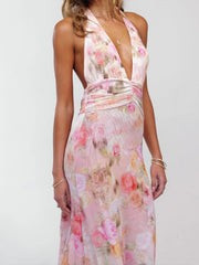 Cyflymder  Elegant Floral Print Maxi Dress Sleeveless Halter Neckline with Open Back Women s Summer Party Gown in Polka Dot Pattern