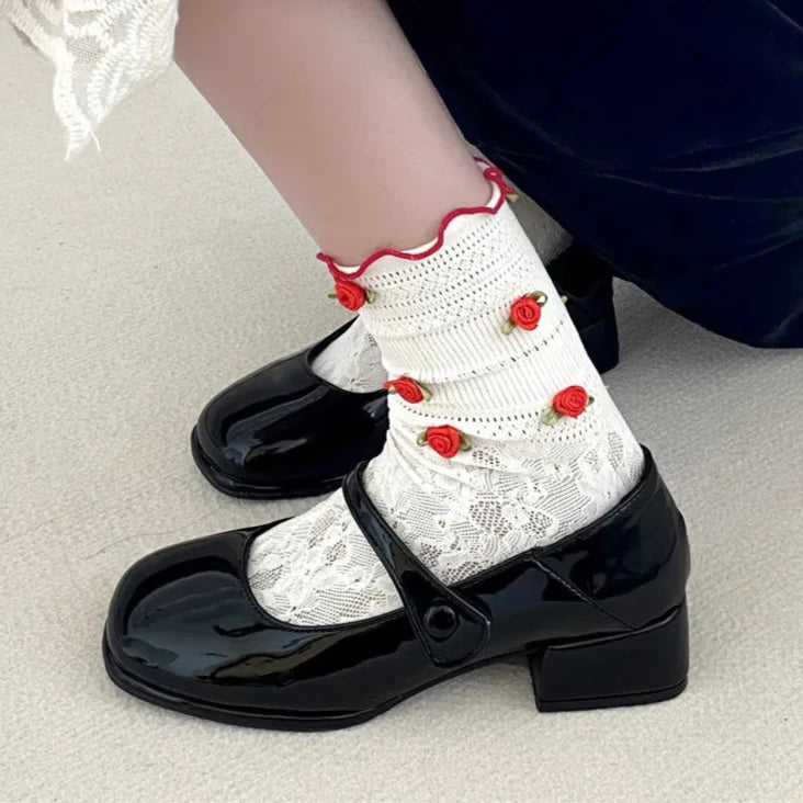 Cyflymder Retro Red Mary Jane Shoes Women Thick Heels Ankle Buckle Lolita Shoes Woman Student French Square heel shallow mouth single shoe