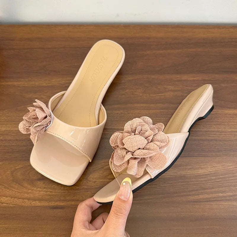 Cyflymder  Flower Slippers Square Toe Womens Fashion Elegant Heels Shoes for Woman Heeled Sandals Flip Flops Dress New Mujer Sandalias