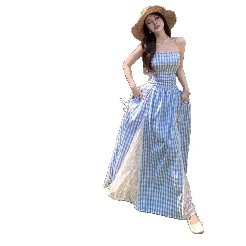 Cyflymder  Korean Style Blue Plaid Lace Halter Dress Women Summer 2025 Sweet Beach Vacation Maxi Skirt Long Dress One Shoulder Sleeveless
