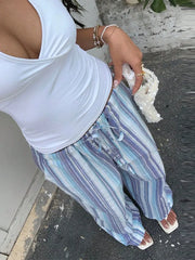 Cyflymder  Women Striped Drawstring Pants Wide Leg Full Length Beach Casual Colorful Linen Trousers Summer Fashion Lady Daily Wear