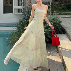 Cyflymder  Sweet Vacation Style Strap Long Dress Women's Clothing Broken Flowers Summer A-Line Fashion Bow Three Ways of Wearing Dresses