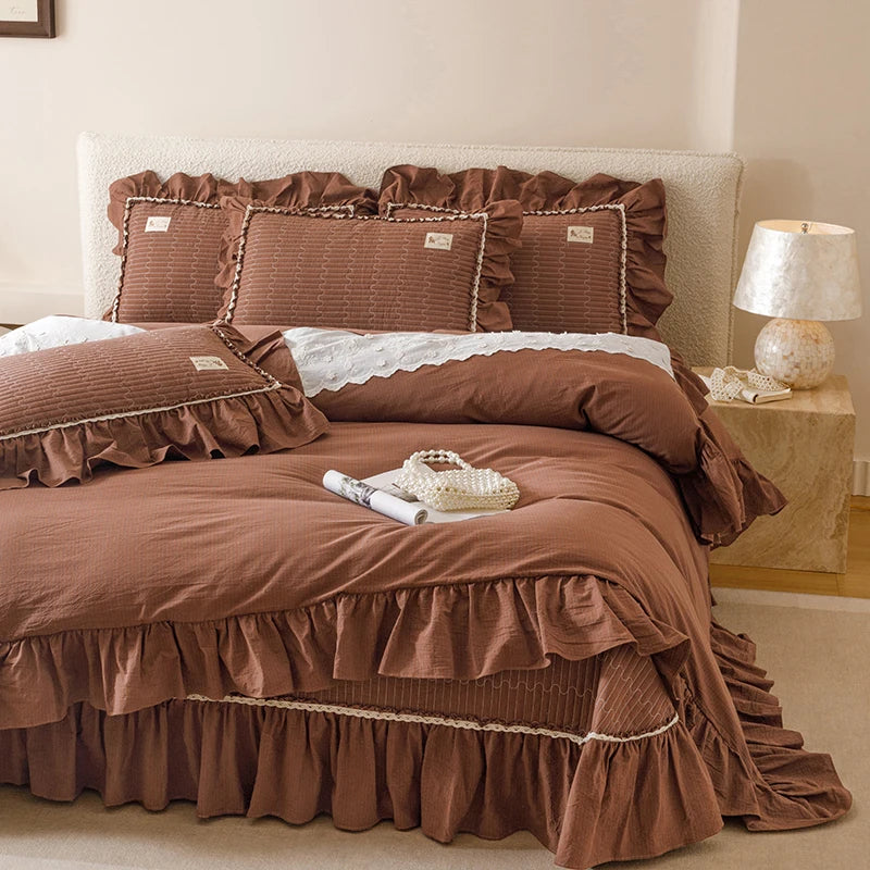Cyflymder  100% Cotton yarn-dyed Plaid Washed Cotton Ruffles Korean Princess Bedding Set Duvet Cover Quilted Bedspread Pillowcases 4Pcs