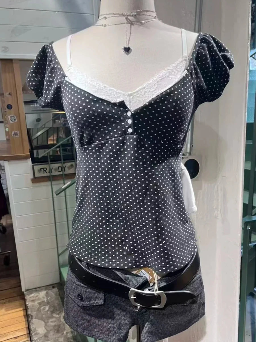 Cyflymder  Polka Dot Lace Trim Square Collar T-shirts Women Retro Back Lace-up Slim Short Sleeve Tee Shirt Vintage Sweet Cute Tshirt Y2K