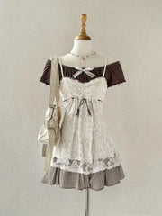 Cyflymder  Summer Sweet Vintage Skirt Set Women Sexy Off Shoulder Bow Tops + Cute Outerwear Lace Strap Vest + Y2k Retro Plaid Mini Skirt