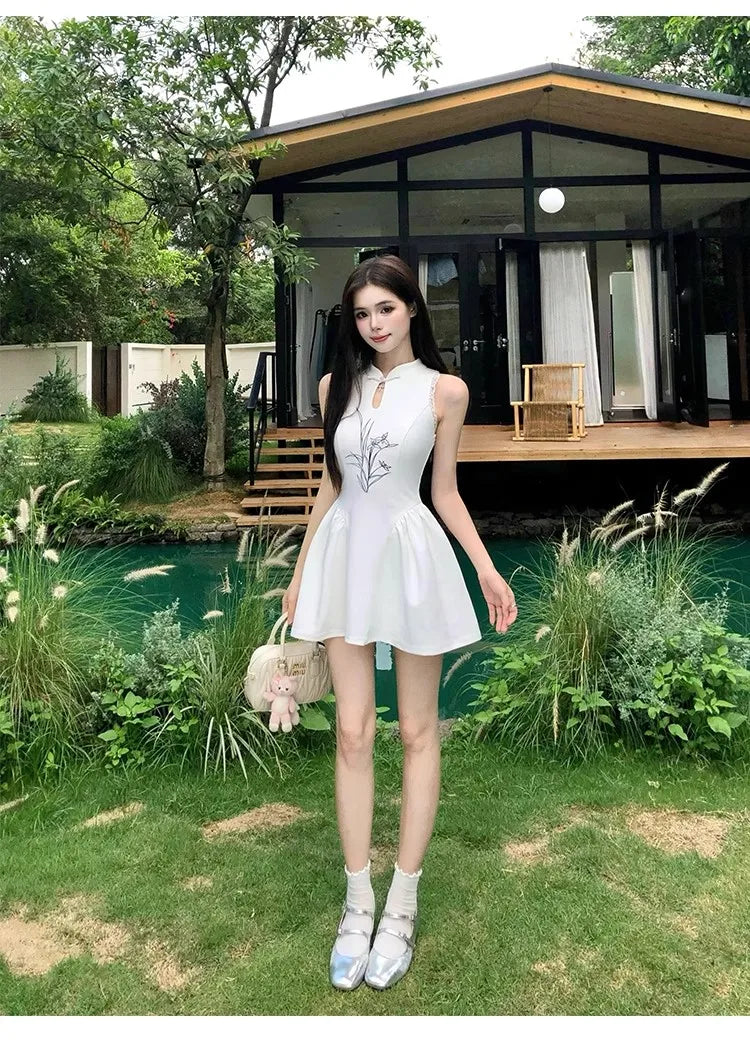 Cyflymder  Chinese Style Printed Dress for Women's Summer Slim Fit Sleeveless Lace A-line Short Dress Fashion Female Clothes