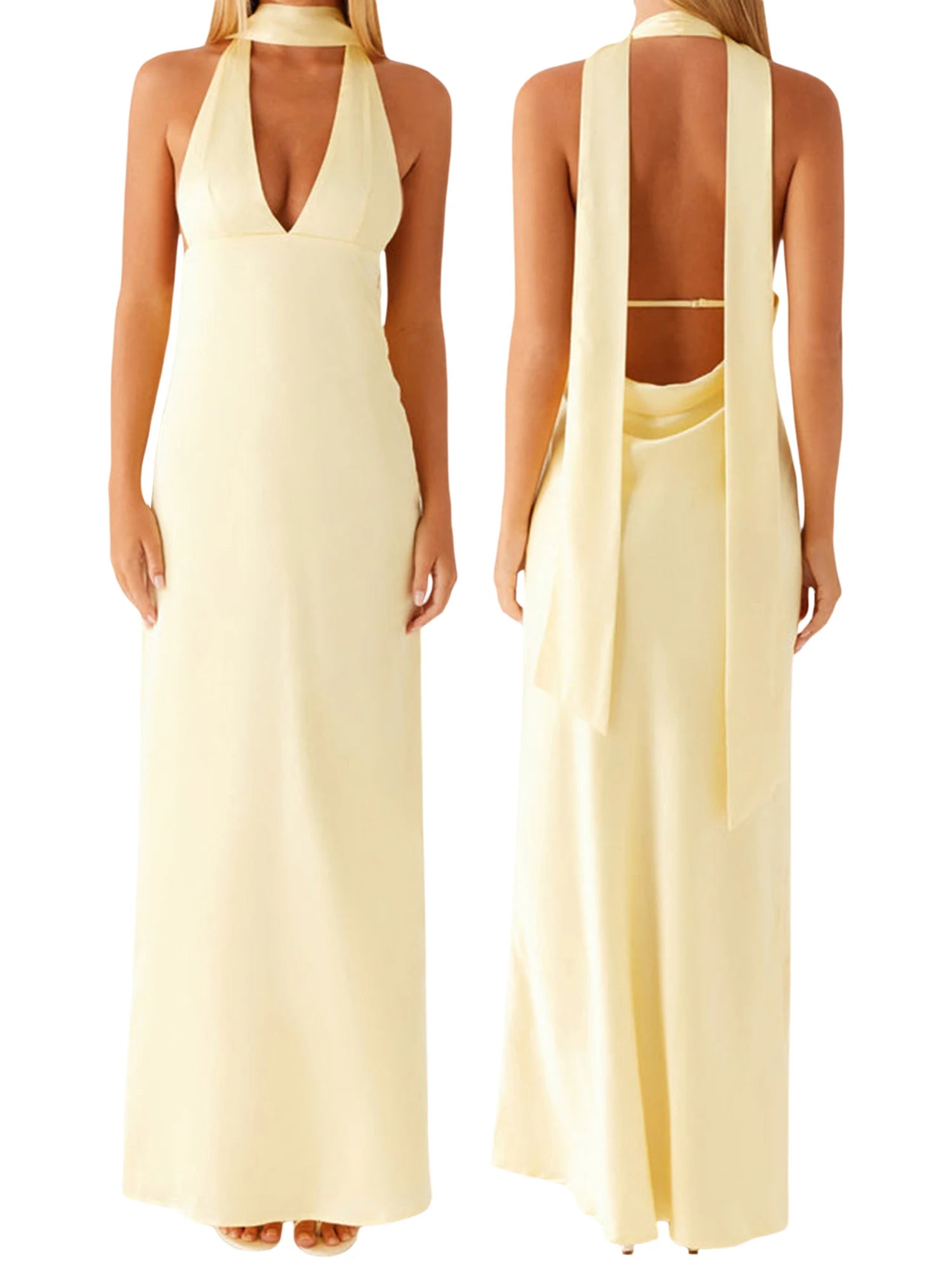 Cyflymder  Elegant Maxi Dress with Boho Floral Print and Halter Neckline Sexy Backless V-Neck Sleeveless Dress for Summer Beach Party