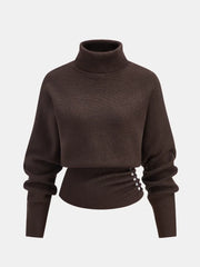 Cyflymder  Y2K Woman's Clothing Brown high-neck knitted sweater A waist-hugging bottom-length sweater Harajuku Side-button knitted Pullover