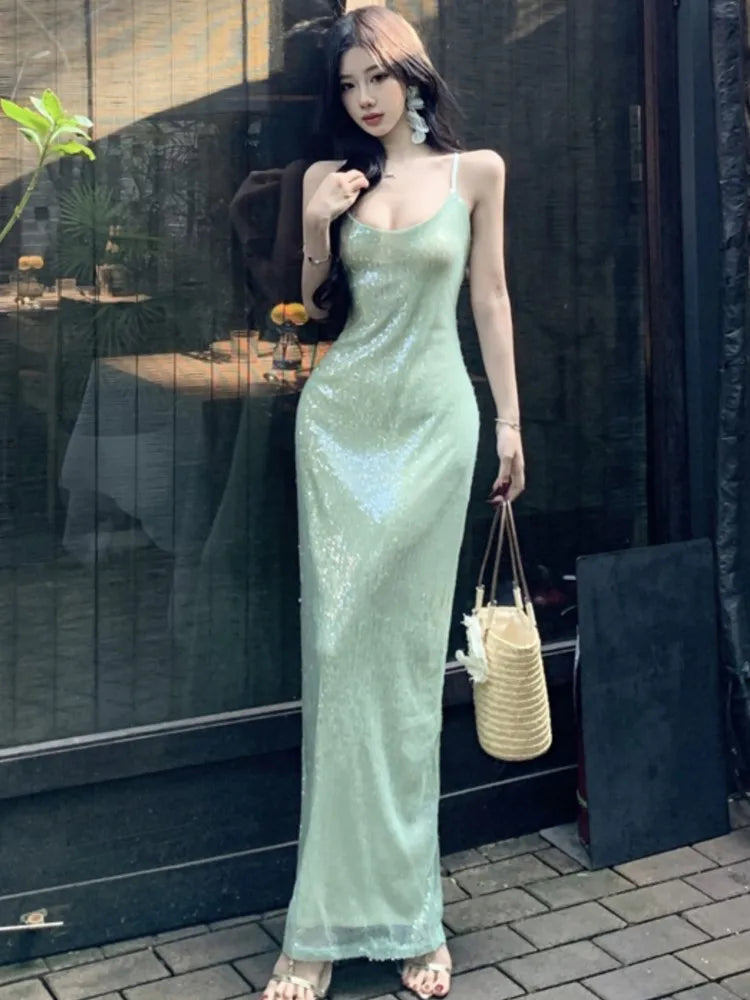 Cyflymder  Sexy Green Spaghetti Strap Evening Dresses Elegant Backless Sleeveless Slim Party Prom Casual Vestidos Long Robe Female Clothing