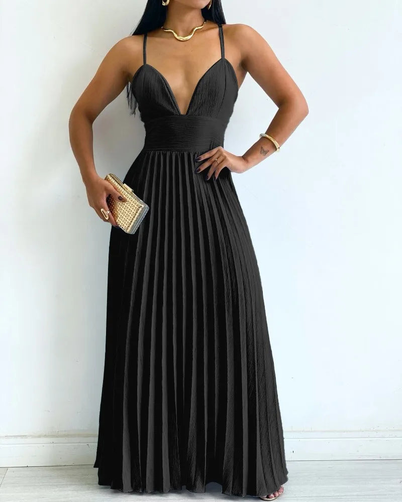 Cyflymder  Elegant A-line Evening Dress Women Sexy V-Neck Sleeveless Pleated Dress Causal Flowy A Line Maxi Dress
