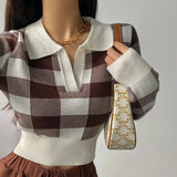 Cyflymder Autumn Winter Vintage Knitwear Crop Tops Women Pullover Sweaters Fashion Female Long Sleeve Elastic Casual Plaid Knitted Shirts