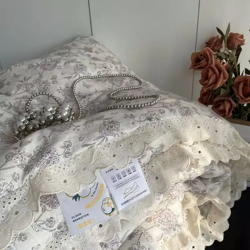 Cyflymder  Lace Pure Cotton Quilt 200x230cm Comforter Thin Summer Floral Printed Double Layer Gauze Quilted Blanket Queen Size Bedding