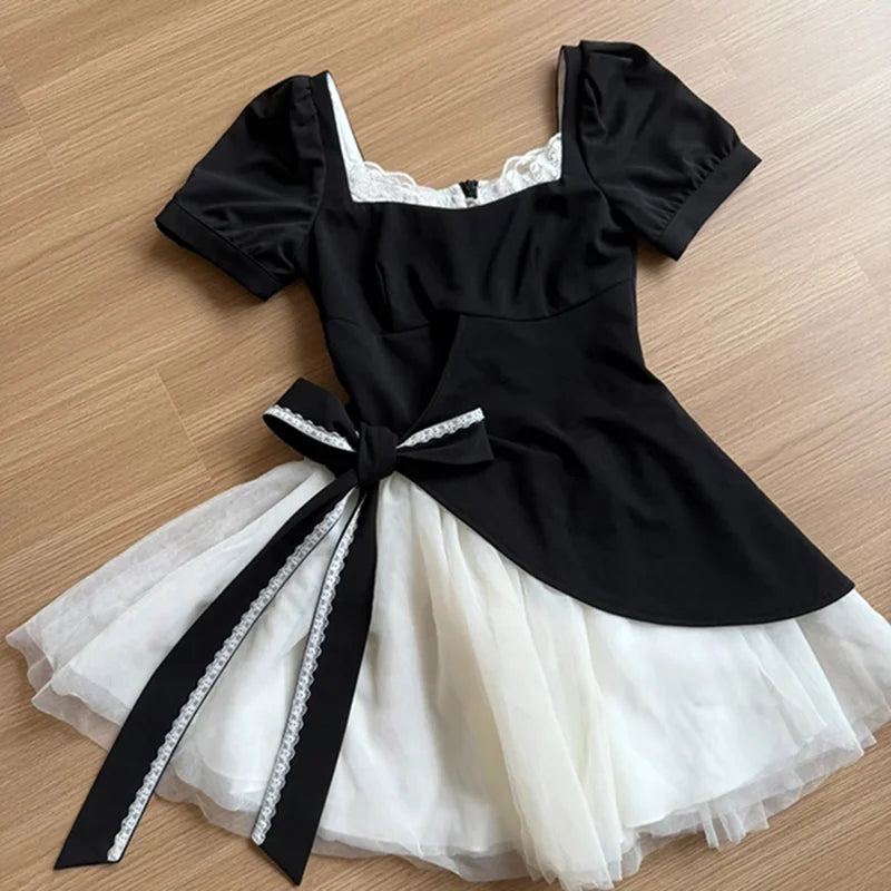 Cyflymder  Mesh Patchwork Sweet Dress Women Retro Cute Bow Slim Short Sleeve Mini Dress Casual Square Collar French Elegant Vestidos