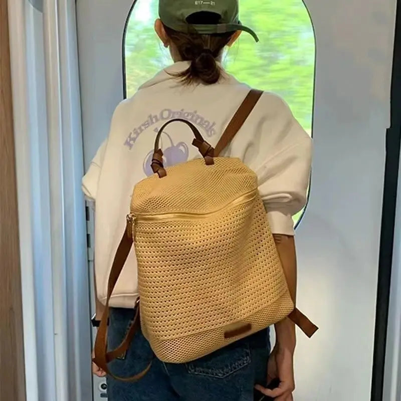 Cyflymder   Fashion Beige Woven Backpack Women Solid Color Large Capacity Lightweight Handbag Daypack Ladies Casual Commuter Mochilas Mujer