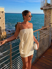 Cyflymder  Elegant Strapless Tube Mini Dress For Women Draped Ruched Backless Plain Solid Color Bodycon Skirt Lady's Club Seaside Frock