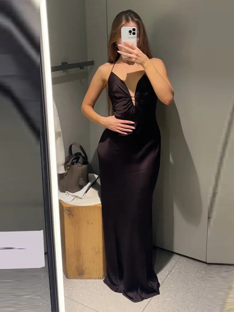 Cyflymder  Deep V Pleat Slip Long Dress Women Sexy Sleeveless Backless Waist Cinching Hip Package Dragging Party Dresses Chic Ladies Robes