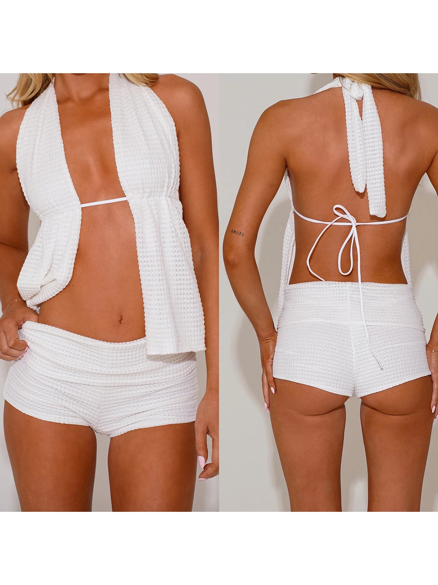 Cyflymder  Women s Casual Sleeveless Crop Top and High Waisted Shorts Set Solid Color Knit 2 Piece Outfit for Summer Beachwear