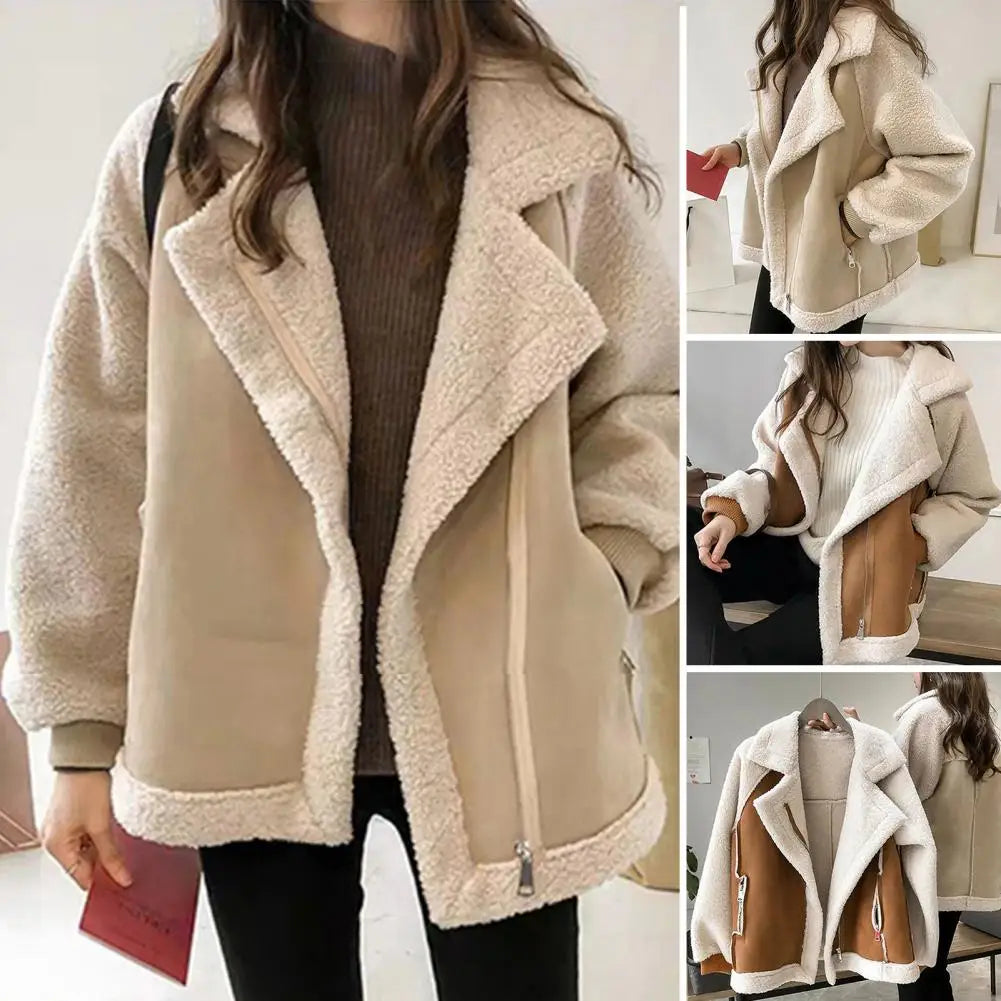 Cyflymder aspen outfits winter  Fall Winter Women Jacket Thick Heat Retention Loose Women Coat Turn-down Collar Long Sleeves Lambswool Windproof Coat