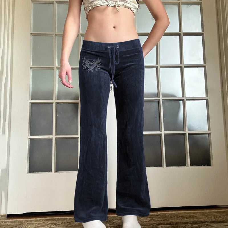 Cyflymder  Velvet Low-rise Bootcut Pants Sexy Millennium Girl Hearts Embellied Dstring Lazy Leisure Pants Slimming Trendy