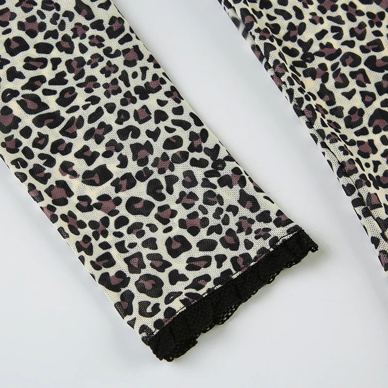 Cyflymder  See Through Leopard Printed Mesh T Shirt Cardigans Sexy Slim Lace Trim O-Neck Long Sleeve Split Tees Women 2025 Summer