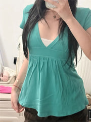 Cyflymder  Turquoise Deep V-neck Fold T-shirts Women Casual Cotton Short Sleeve Slim Tee Shirts Vintage Simple All-match Long Tshirt Y2K