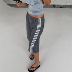 Cyflymder   Women Y2K Vintage Loose Baggy Bermuda Jogger Shorts Side Stripes Knee Length Sweatpants Elastic Waist Sports Loungewear Bottom