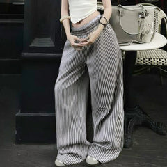 Cyflymder   Textured Woven Elastic Waist Pants Low Waist Striped  Wide Leg Trousers for Daily Summer Women Casual Straight Pant y2k