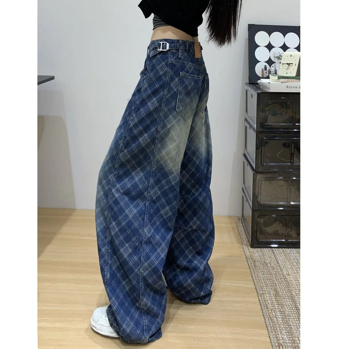 Cyflymder  Retro Plaid Jeans Women's Autumn and Winter New Loose Wide-leg Pants Design Long Pants