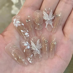 Cyflymder  30Pcs 3D Pink Fake Nails With Diamond Halloween Long Almond False Nail Butterfly Design Wearable Oval Press on Nails Tips Y2k