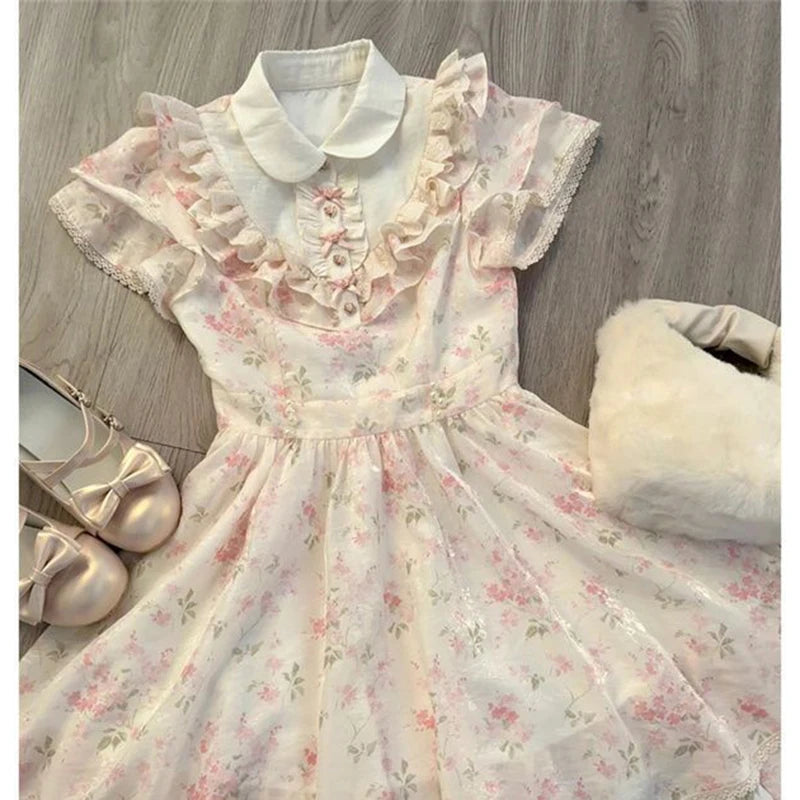 Cyflymder  Kawaii Floral Mini Dress Women Japanese Lolita Cute Bow Ruffles Patchwork Dresses Summer Korean Fashion Bodycon A Line Vestidos