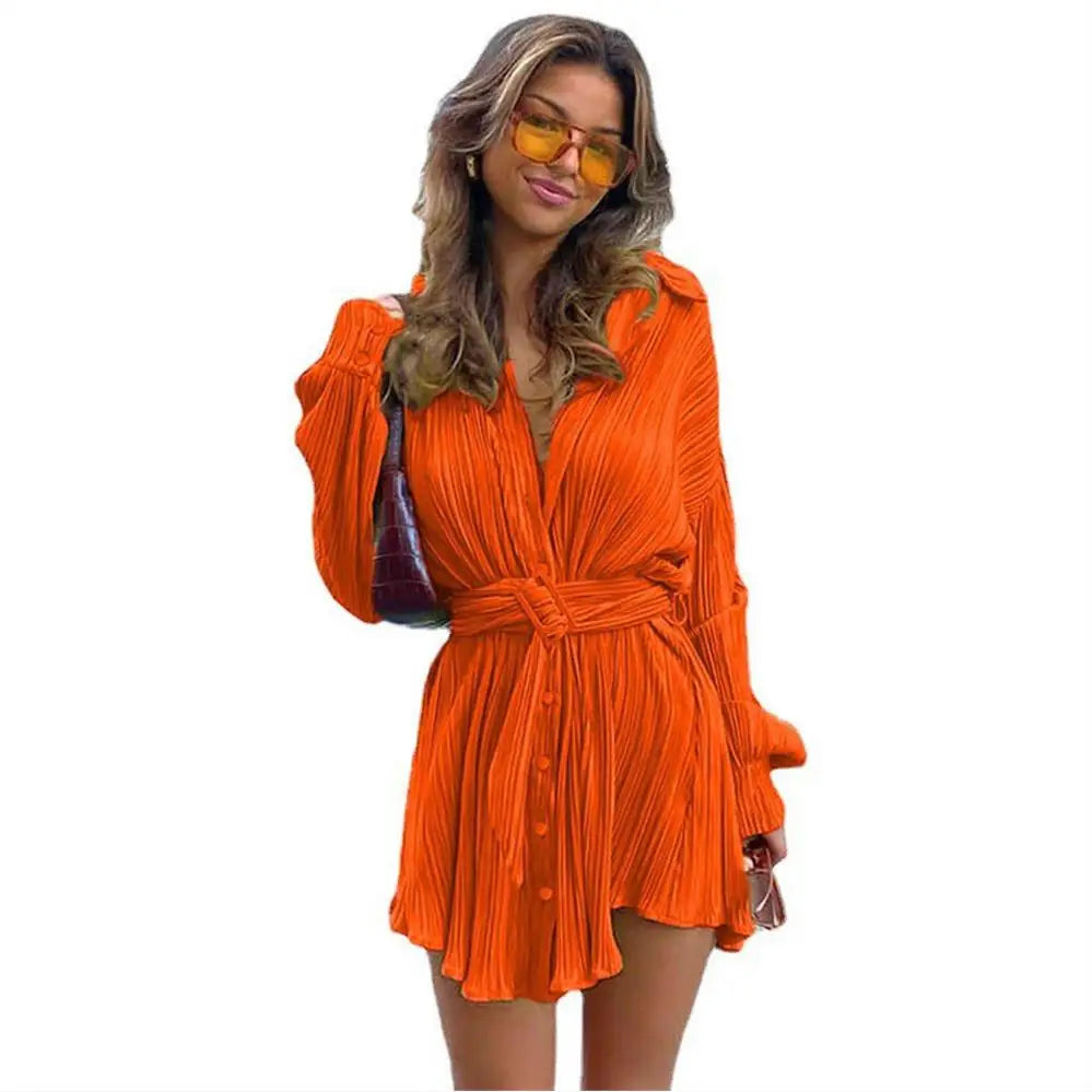 Cyflymder  Women's Casual Faion Pleated Long irt Dr with Belt mid Waist ort Skirt Length Pure Color Winter Season Long Sve