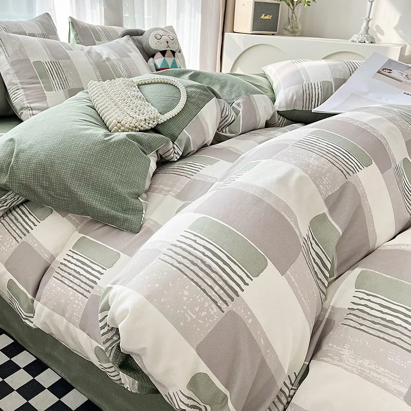 Cyflymder  Simple Nordic Pure Cotton Striped Bedding Set Naked Sleeping Comfortable Duvet Cover Set Fitted Sheet Kit for Single and Double