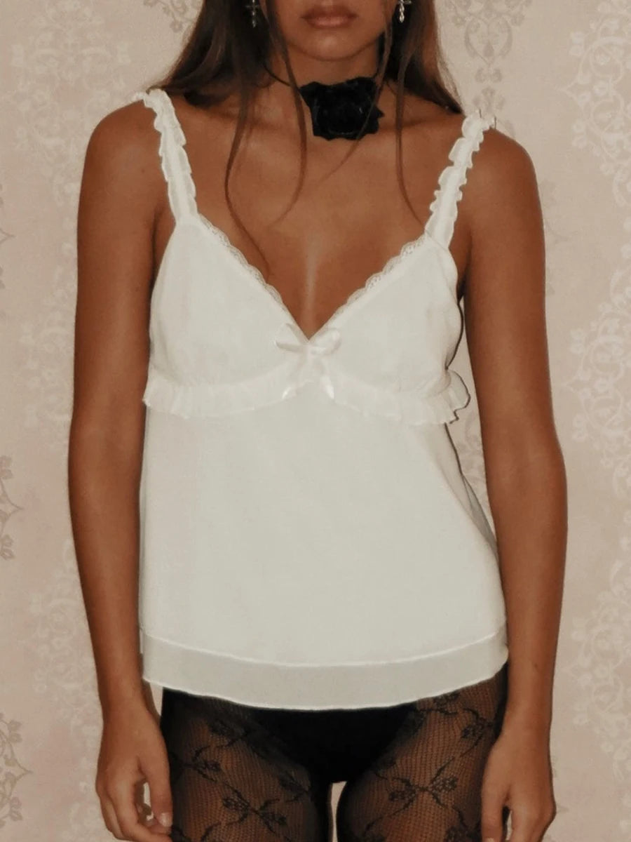 Cyflymder  Kawaii Frill Spaghetti Strap Chiffon Vest Bow Front Ruffled Camisole Women Crop Top Retro Y2K Fairy Backless Clothes
