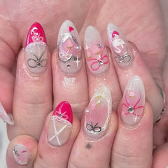 Cyflymder  24Pcs Mid-length French Almond Full Cover Nails Tips Pink Smudge Detachable False Nails Bow Heart Rhinestone Press on Fake Nails