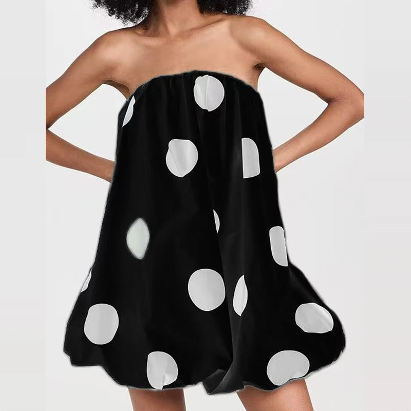Cyflymder  Women Elegant Hight Waist Loose A-Line Dress Sexy Off Shoulder Strapless Short Dress Retro Polka Dot Print Sleeveless Mini Dress