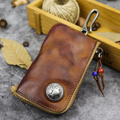 Cyflymder  Unisex Retro Real Leather Key Bag Zipper Card Bag Door Car for Men Women Key Holder Organizer Pouch Housekeeper Case