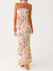 Cyflymder  Elegant Floral Print Strapless Maxi Dress with Ruffle Detail and Matching Headscarf for Women