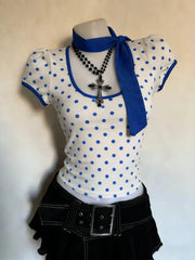 Cyflymder  Vintage Polka Dot T-shirt Y2k 2000s Slim Crop Top Woman Clothes Punk Hot Sweet O-Neck Aesthetics Harajuku Elegant Summer Fashion