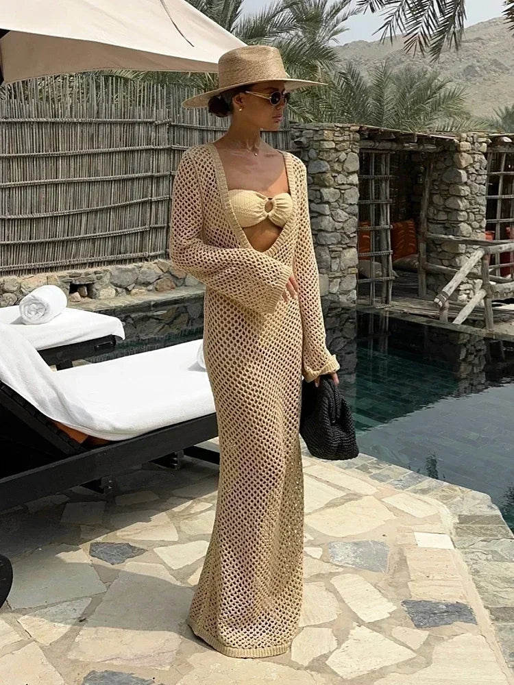 Cyflymder  Sexy U-neck Bell Sleeve Knit Maxi Dress Summer 2024 Women Swimwear Feminine Bikinis Cover-ups Holiday Crochet Beach Outfit K21