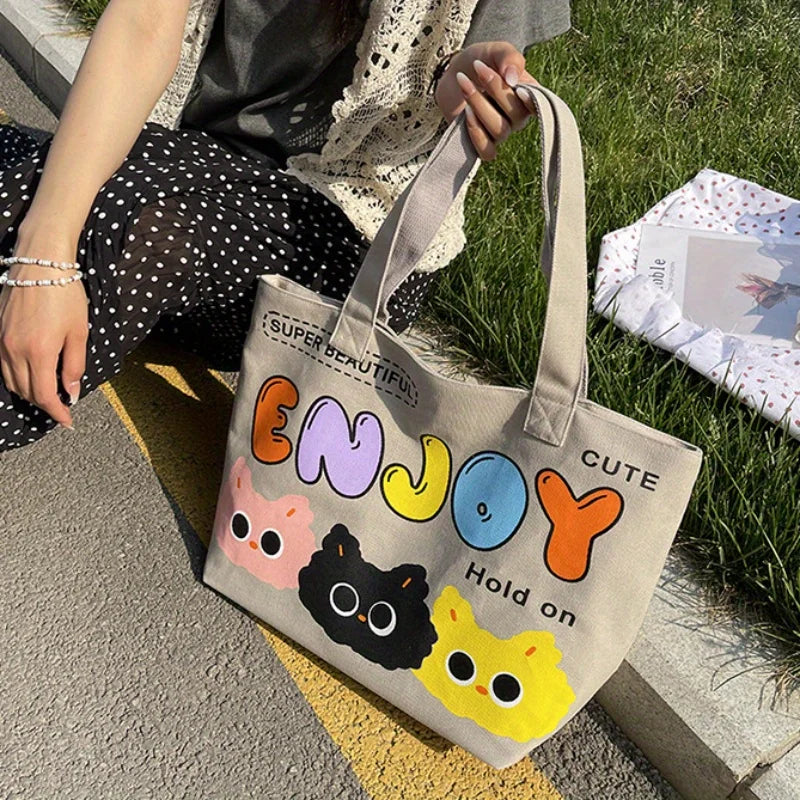 Cyflymder  Letter Printed Tote Bag, Cute Cartoon Canvas Handbag Shoulder Bag, Large Capacity Shopping Bag, Campus Computer School Book Bag