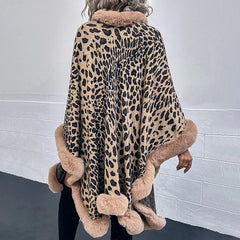 Cyflymder  Winter Warm Fur Collar Cape Cardigan Leopard Shawl Sweater for Women Jacekts Long Sleeve Coats Phonchos Cloak knitted Outwear