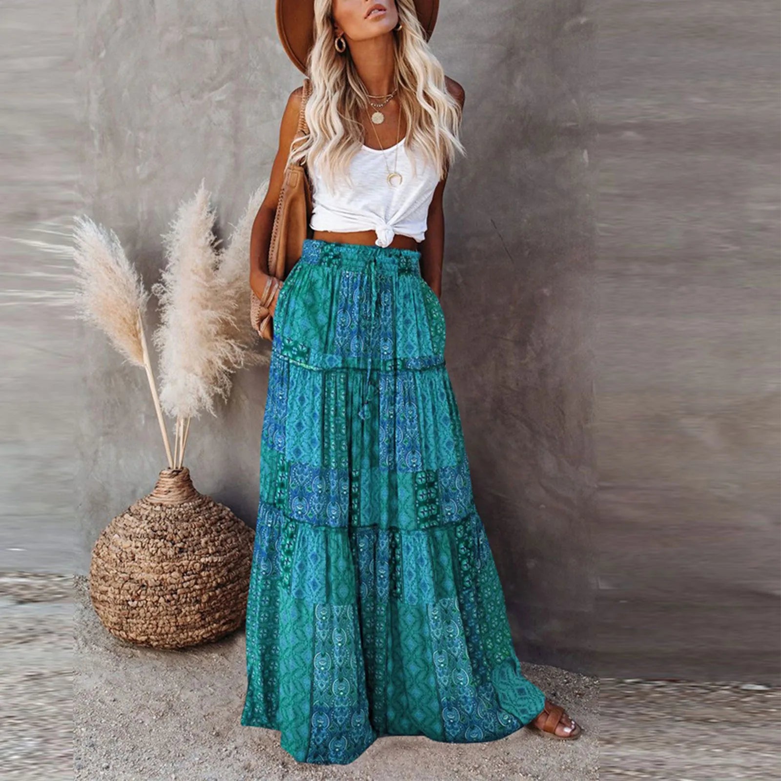 Cyflymder  Ladies’ Fashion Bohemian Flower Printing Elastic Waist Pleated Skirt Loose Casual Vintage High Waist Tie A-Line Long Skirt