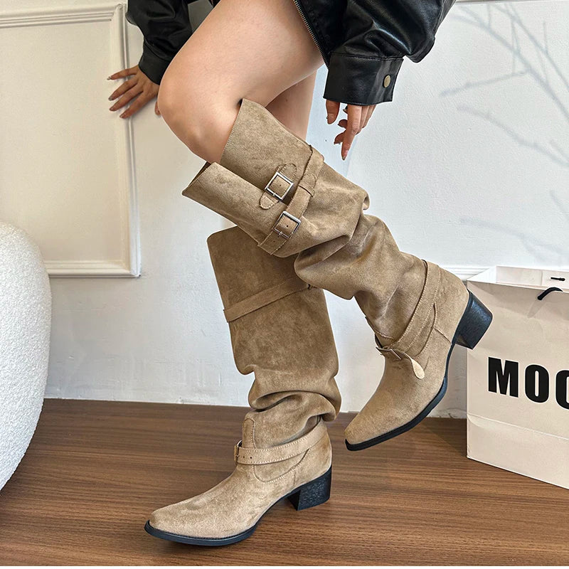 Cyflymder  Autumn Winter Pleated Women Knee High Boots Vintage Square Low Heels Shoes Female Belt Buckle Long Booties
