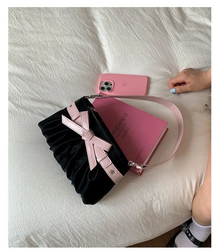 Cyflymder  Korean Hot Girl Bow Studded Handbag Women Simple Design Sweet Shoulder Bag Ladies Elegant Fashion Underarm Purse Y2k Aesthetic